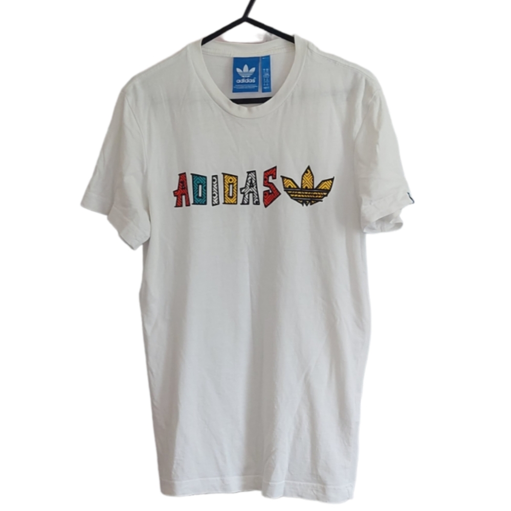 Adidas Mens White Graphic T-Shirt Top Size XS Spellout Aztec Pattern Logo Print - Picture 1 of 6